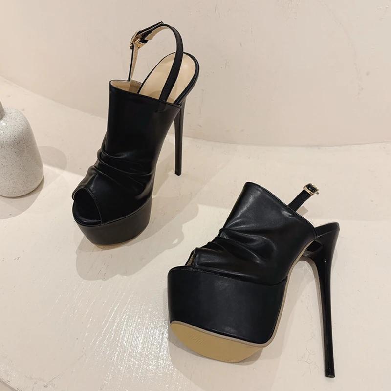Cozy Pleated Leather Women's Super High Heels Platform Sandals Sexy Peep Toe Party Nightclub Stripper Shoes Black