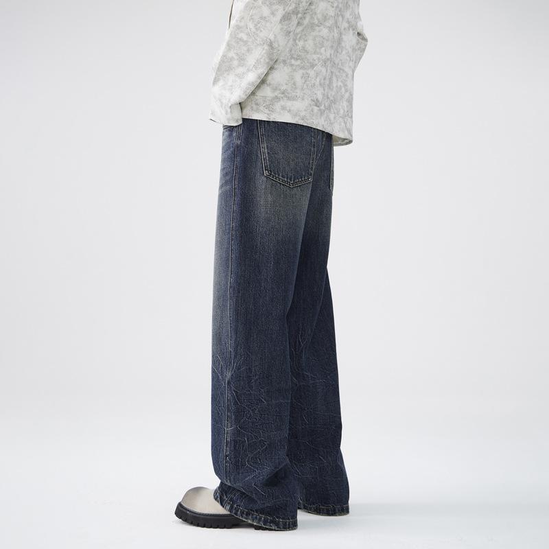 Retro Lightning Pattern Gradient Wash Jeans Men's Loose Straight Floor Trousers