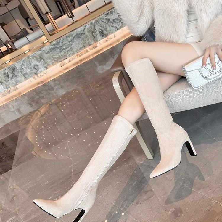 Boots Women's pointed head High heel Skinny Skinny boots Suede elastic but knee Knight boots