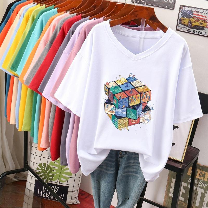 Short-sleeved T-shirt for Women, Large Size, Loose and Slimming, Printed V-neck Top
