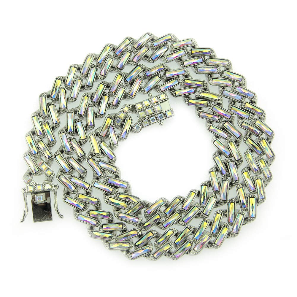 Iami Cuban Chain Necklace with Zirconia Luxury 18k Gold Plated Diamond Smooth Hip Hop Jewelry [Rockyu] Chain, Men's Necklace, Necklace, (Silver