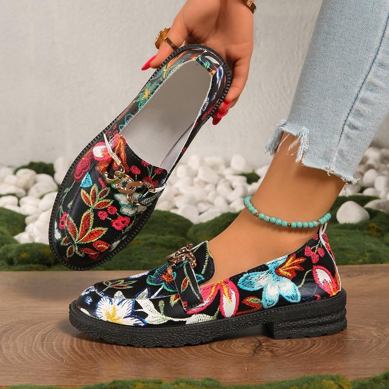 Fashion Block Heel Printed Single Shoes Autumn New Round Toe Deep Mouth Metal Chain Platform Non-slip Wear-resistant Pumps