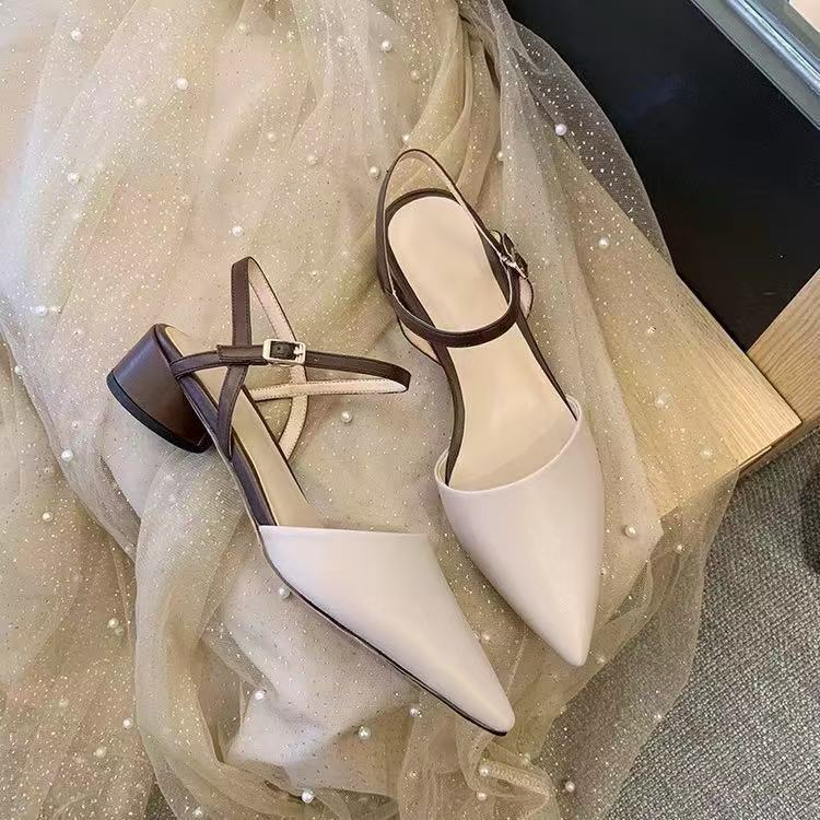 Sandals women's new spring and summer new European and American pointed head bag head word with medium heel thick heel shoes