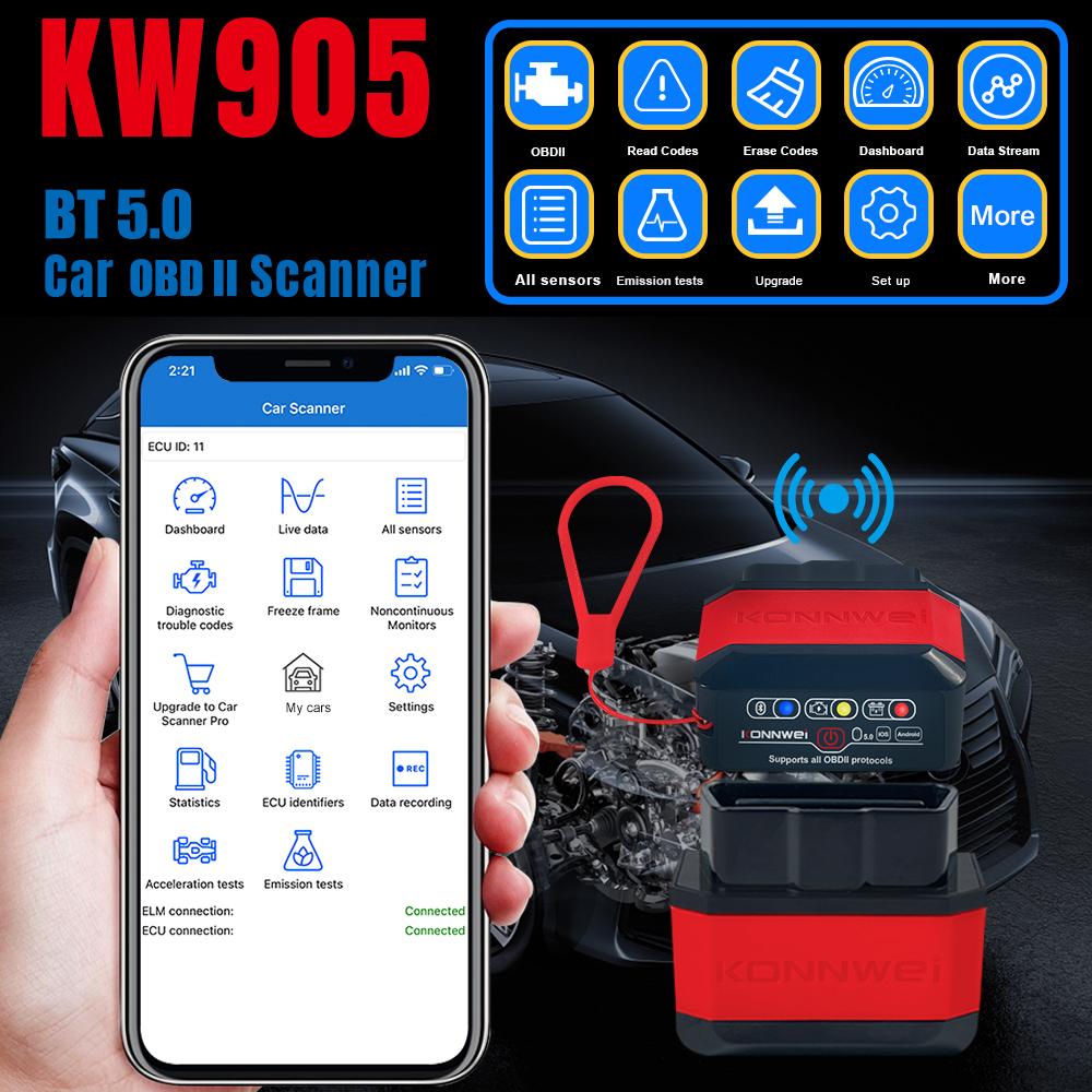 KONNWEI KW905 BT 5.0 Wireless OBDII Car Auto Diagnostic Scan Tools Car Detector Tester Scanner for IOS Android System,