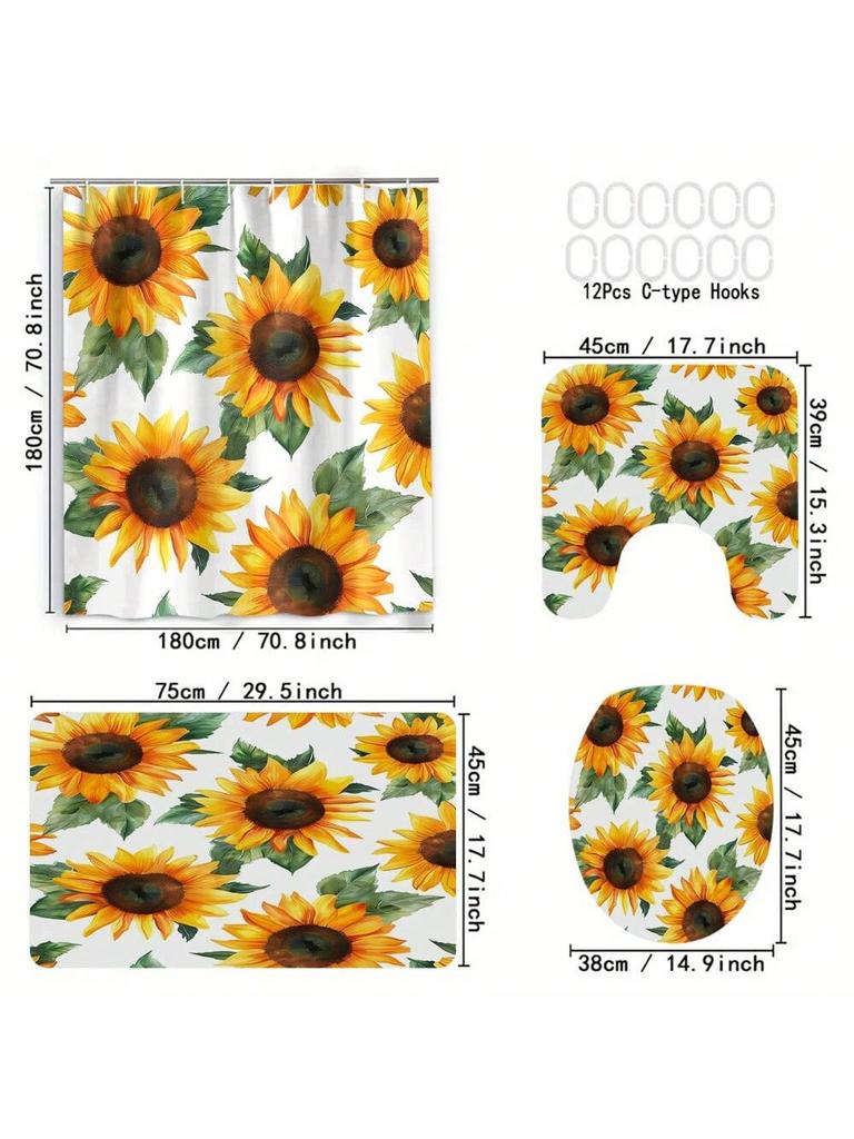 Floral Pattern Shower Curtain Set, Includes Toilet Lid Cover, U-Shape Rug, Waterproof Bathtub Curtain, Bathroom Accessories