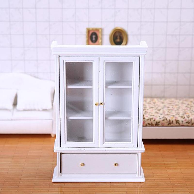 1:12 Dollhouse Miniature White Wooden Double Door Glass Display Cupboard Cabinet Showcase With Drawer Dollhouse Decor