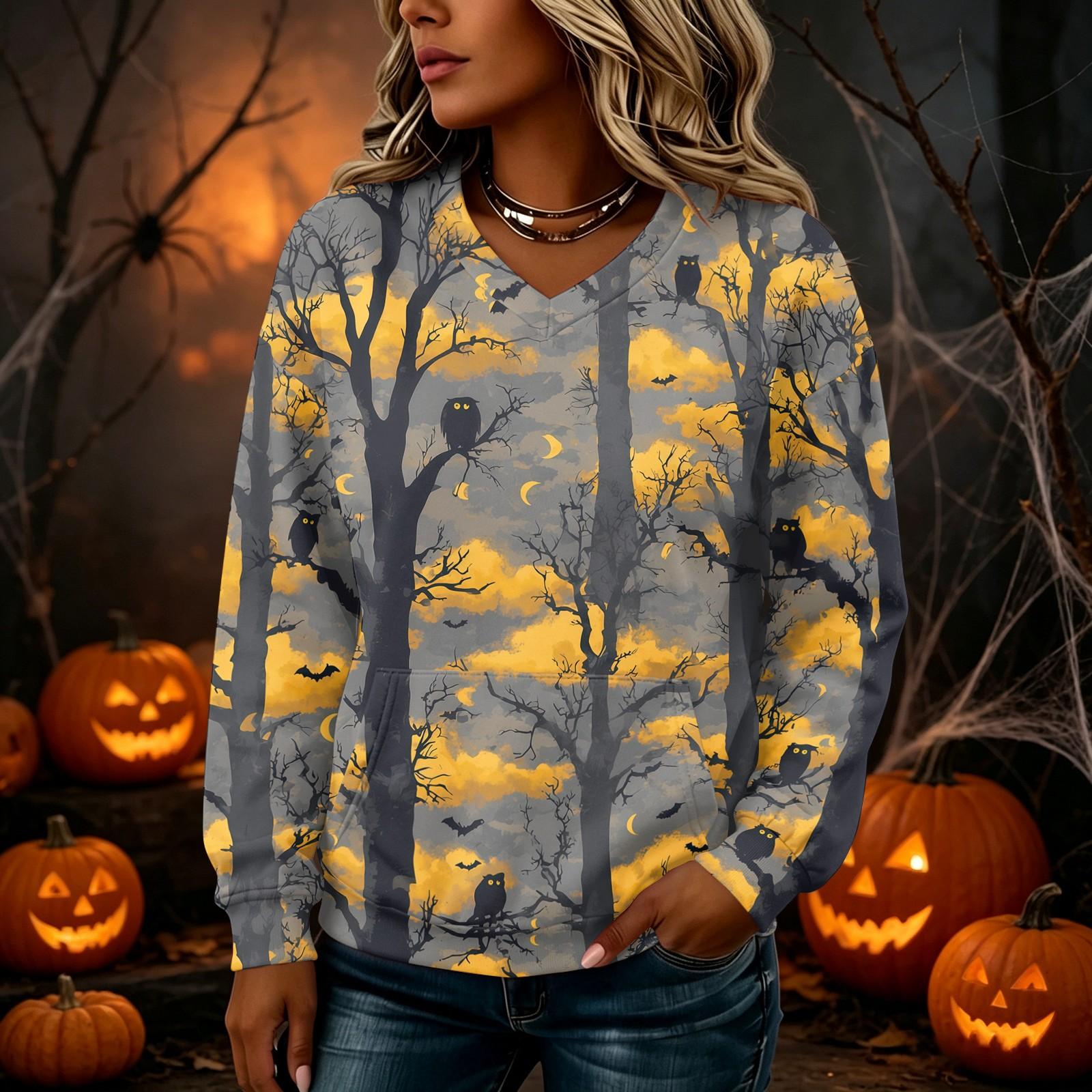 Women s Halloween Print V-Neck Long Sleeve Sweatshirt with Pockets, Casual Lightweight Pullover S