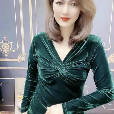 Damen Herbst/Winter Elegant Pendeln Einfarbig Gold Samt Temperament Top Freizeit Brustknopf Slim Fit Warmes Oberteil