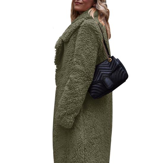 Women Autumn Winter Thickened Plush Coat Lapel Long Sleeve Woolen Coat Solid Color Casual Long Outwear