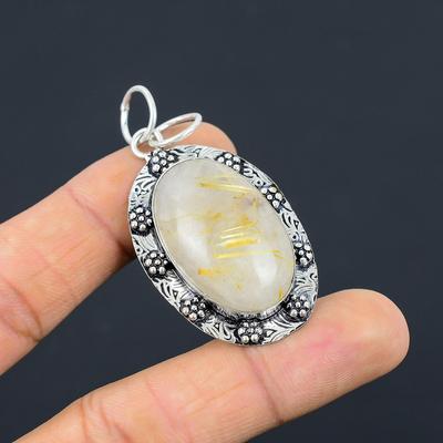 Gift For Her 925 Sterling Silver Natural Golden Rutile Gemstone Jewelry Pendant