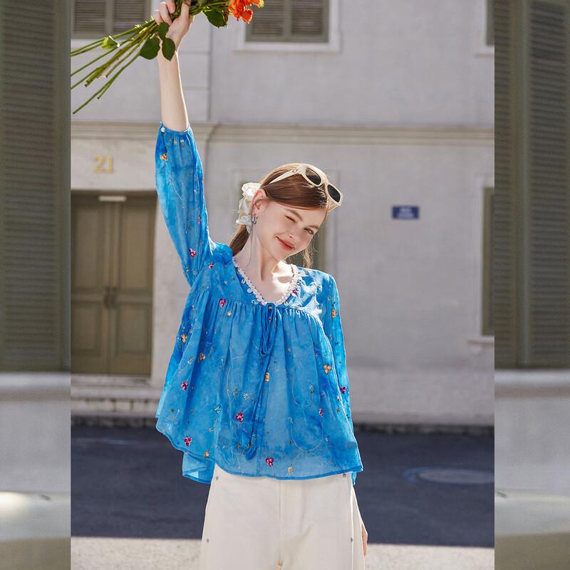 Bailuyu Embroidered Pleated V-neck Shirt S