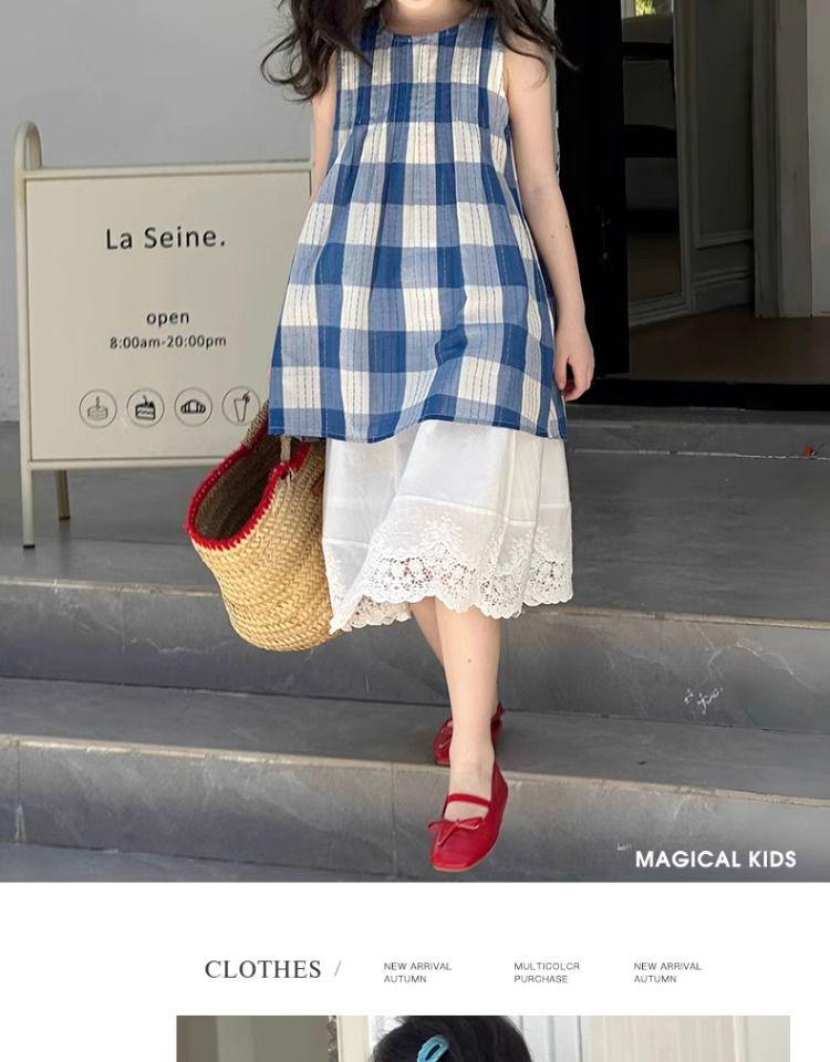 Stylish Plaid Stripe Vest & Lace Hem Top Two-Piece Set for Girls - Summer 2026 Collection