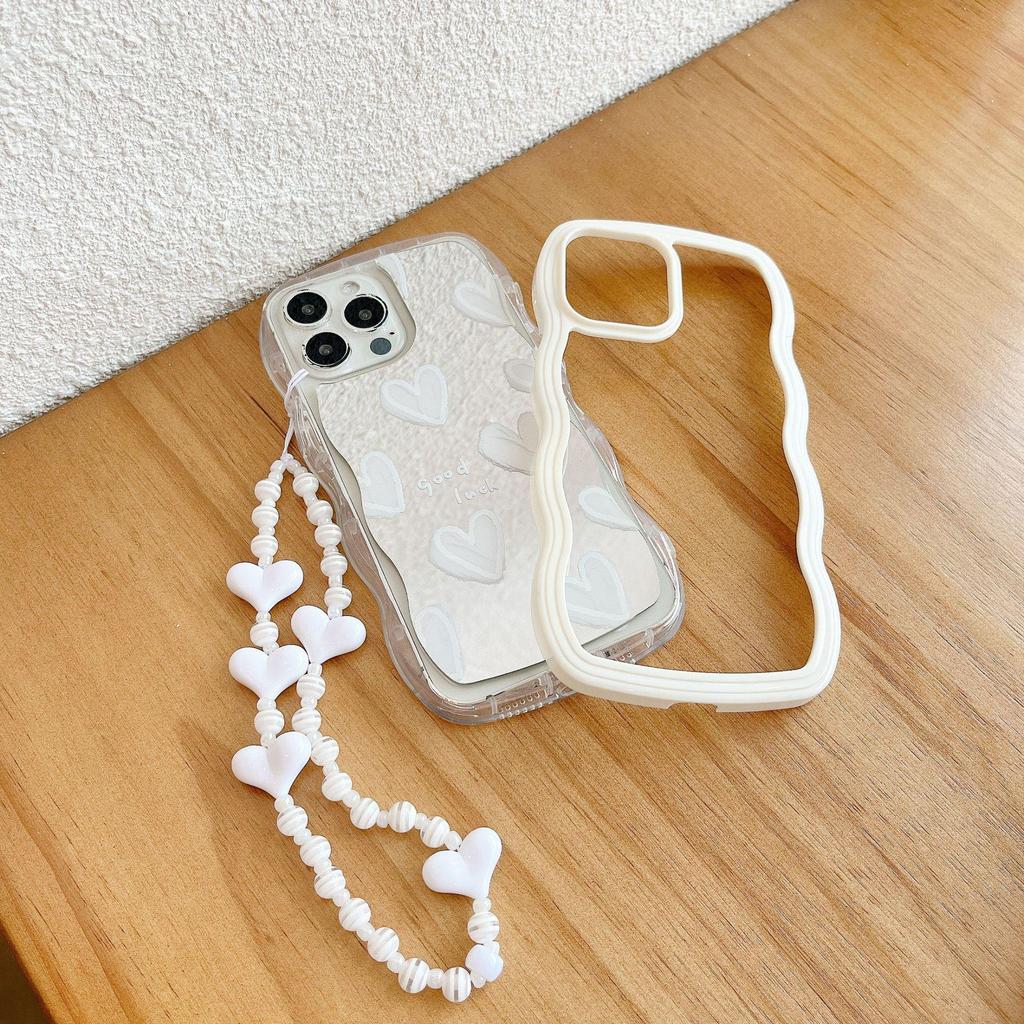 Custodia per iPhone 16/13 Pro Max con bordo ondulato e cuore bianco, anti-caduta, staccabile X/XS