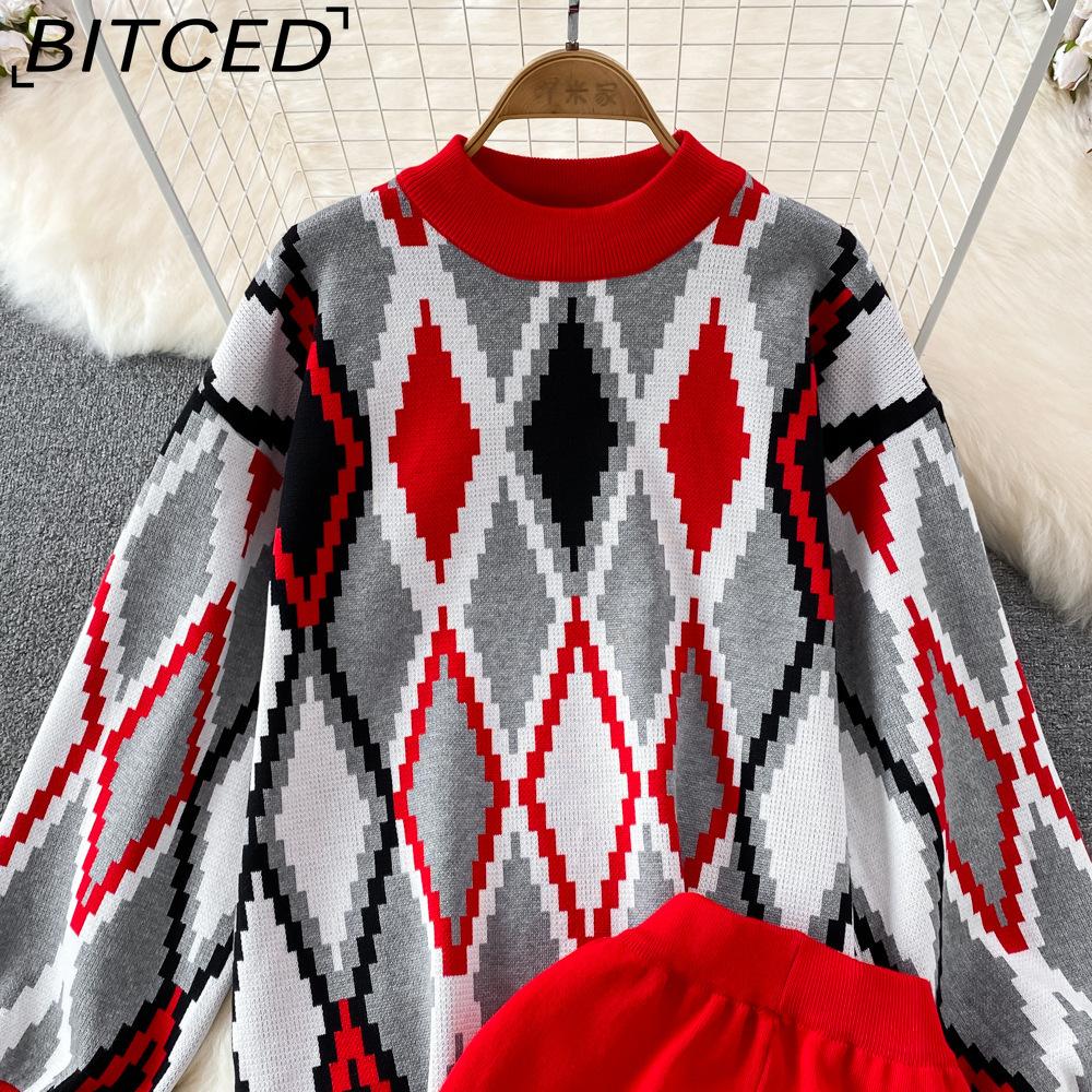 BITCED Conjunto de Moda para Mujer Otoño Invierno Suéter Holgado de Manga Larga a Cuadros Conjunto de Dos Piezas Pantalones de Punto Rectos de Pierna Ancha Adelgazantes de Cintura Alta