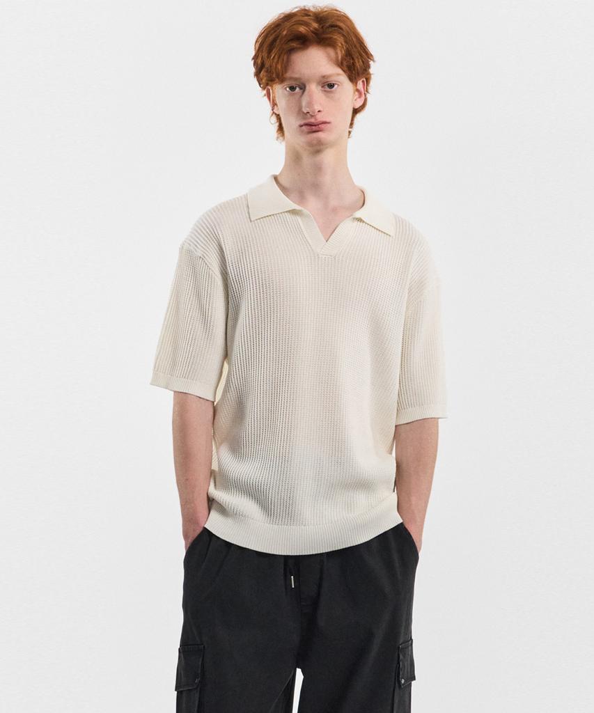 BLACK MOMENT Minimal Waffle Collar Knit Short Sleeve Tee [Black]