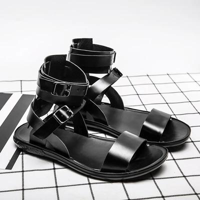 FashionMen's Summer Leather Sandal Luxury Flat Black Sandals Men Designer Roman Mens Shoes Casual Light Ankle Strap Sandals Man