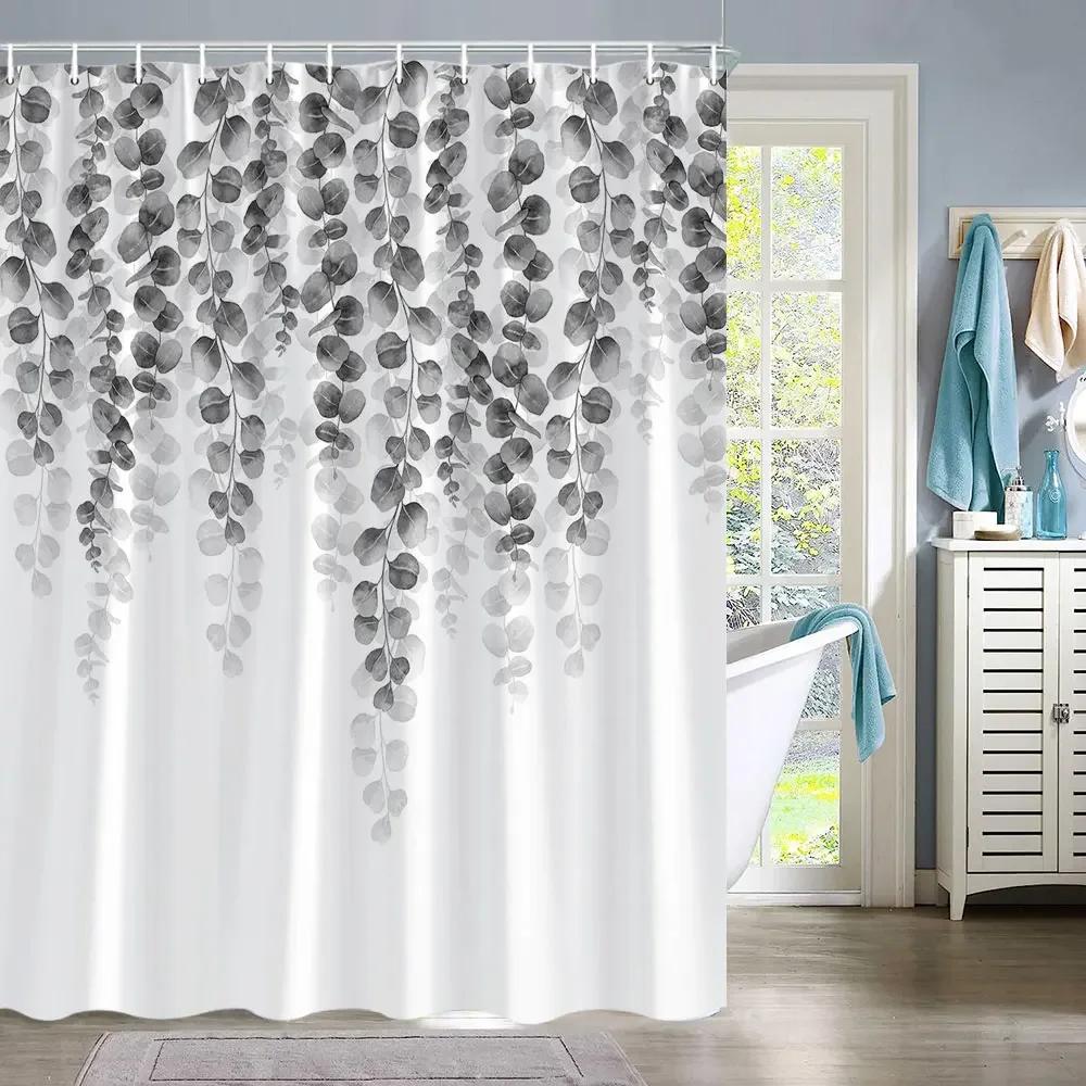 Eucalyptus Leaves Shower Curtain for Bathroom Green Leaf Plant Decorative Bath Curtain Polyester Bathroom Curtain Set With Hooks