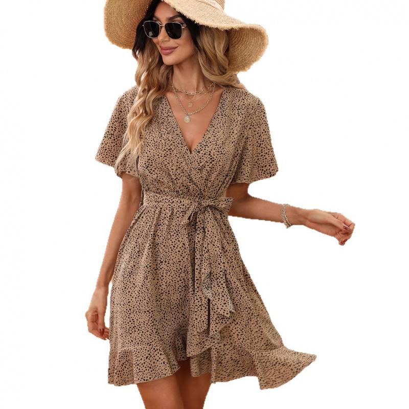 2026 Summer New Women's Fashion Printed Dress with Spotted Ruffles and Tie-Waist Design
