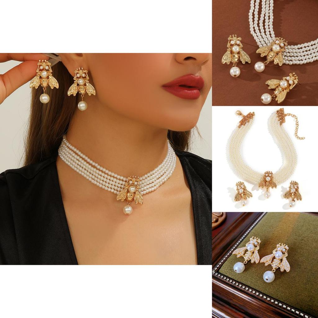 Pearl Animal Jewelry Set With Gold Small Bee Pendant And Earrings For Women