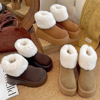 Fleece verdikte pluizige korte laarzen lelijk schattig groot hoofd katoenen schoenen 2025 nieuw winter super dikke zool verhogende sneeuwlaarzen dames