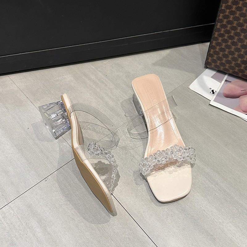 Fairy wind word with sandals girl 2025 new summer transparent cool slippers thick heel medium heel crystal high heels