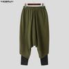 INCERUN Pantaloni Larghi Casual da Uomo a Vita Elastica, Finto Due Pezzi, Cavallo Basso, Lunghi
