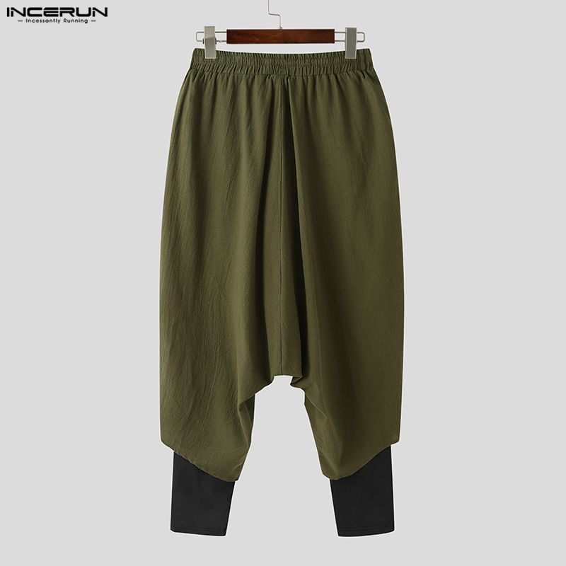 INCERUN Pantaloni Larghi Casual da Uomo a Vita Elastica, Finto Due Pezzi, Cavallo Basso, Lunghi