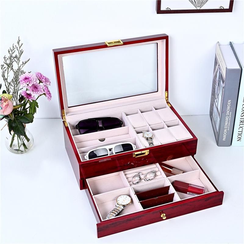 Red Sandalwood Clock & Watch Painted Wooden Box - Double-Layer 2-Position Jewelry & Watch Storage Box
