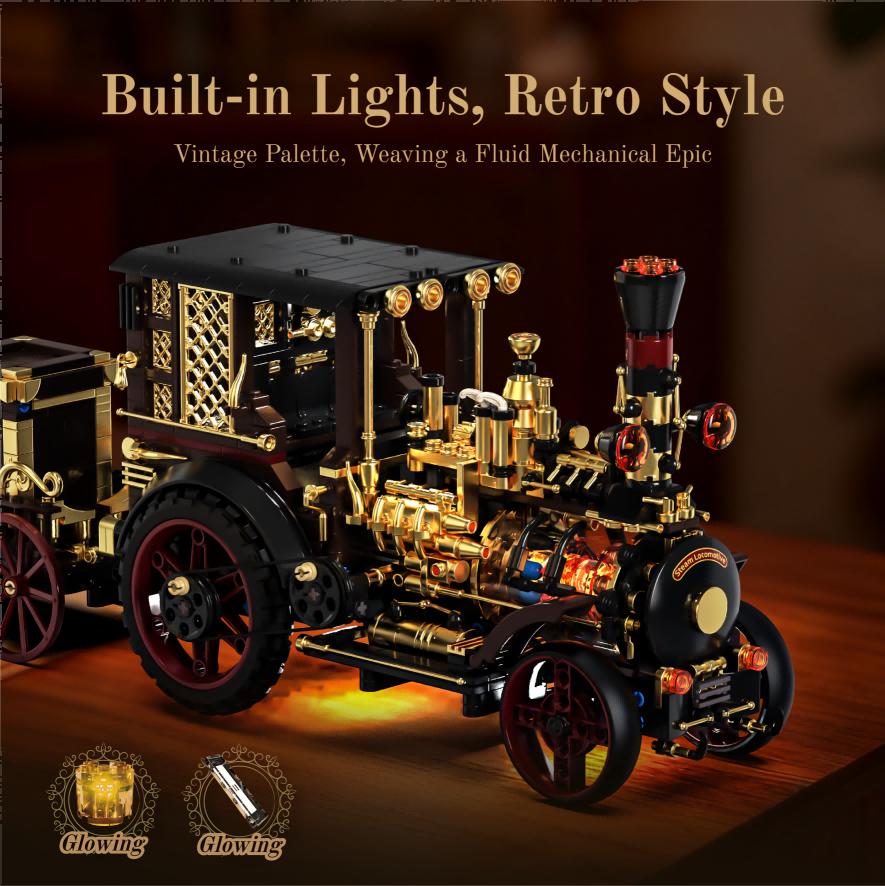Retro Mechanical Steam Car Building Blocks Set with LED Lights MOC Vintage Home Decor Bricks Toy for Festival Gift