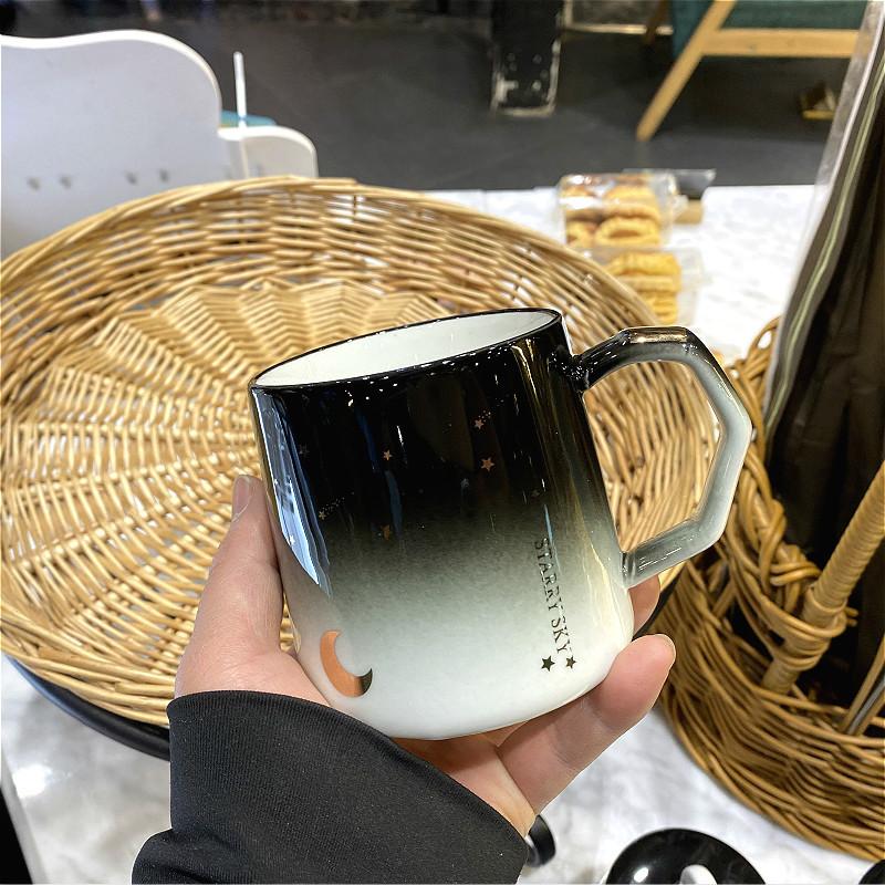 Creative Cup Literary Girl Mug Simple Gradient Color Starry Sky Big Belly Ceramic Water Cup with Lid and Spoon