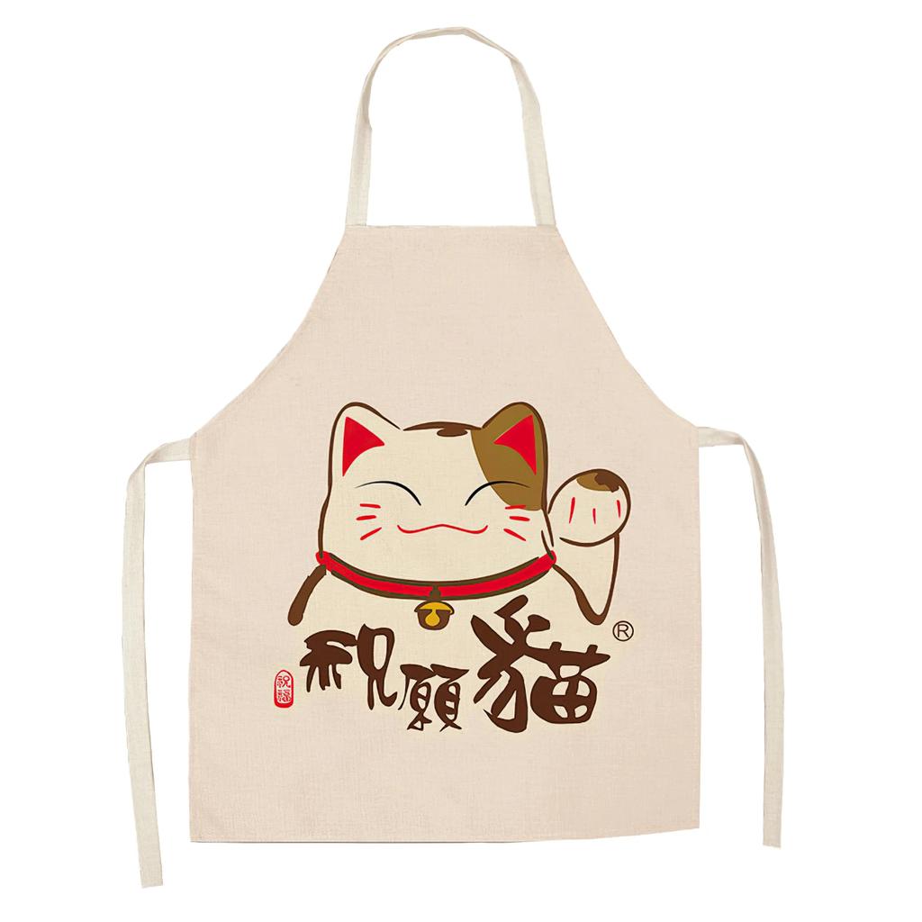 Cotton and Linen Apron Japanese Cartoon Lucky Cat Cooking Sleeveless Bib Waterproof Anti-greasy Kitchen Supplies Chef Apron
