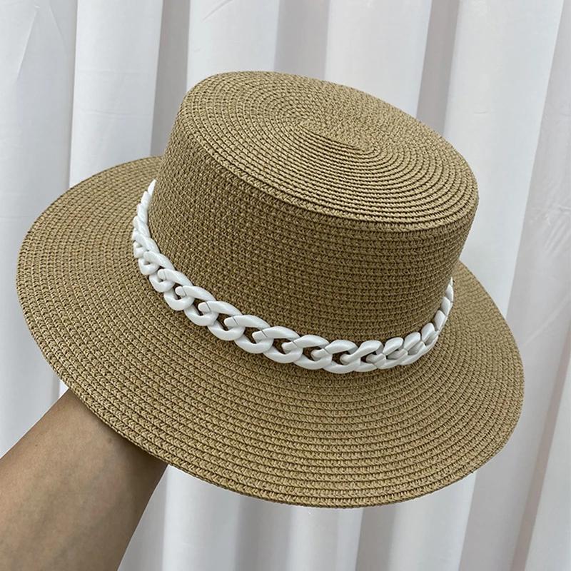 Nieuwe Kleur Ketting Platte Top Unisex Jazz Strooien Hoed Buiten Vrouwen Zeevakantie Zon Strand Hoeden Mode Zomer Panama Emmer Hoed