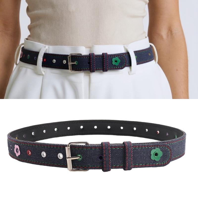 Trendy Flower Rivets Waist Belt with Candy Color Eyelet Adjustable Waist Band For Casual Outfit Party Waist Decoration