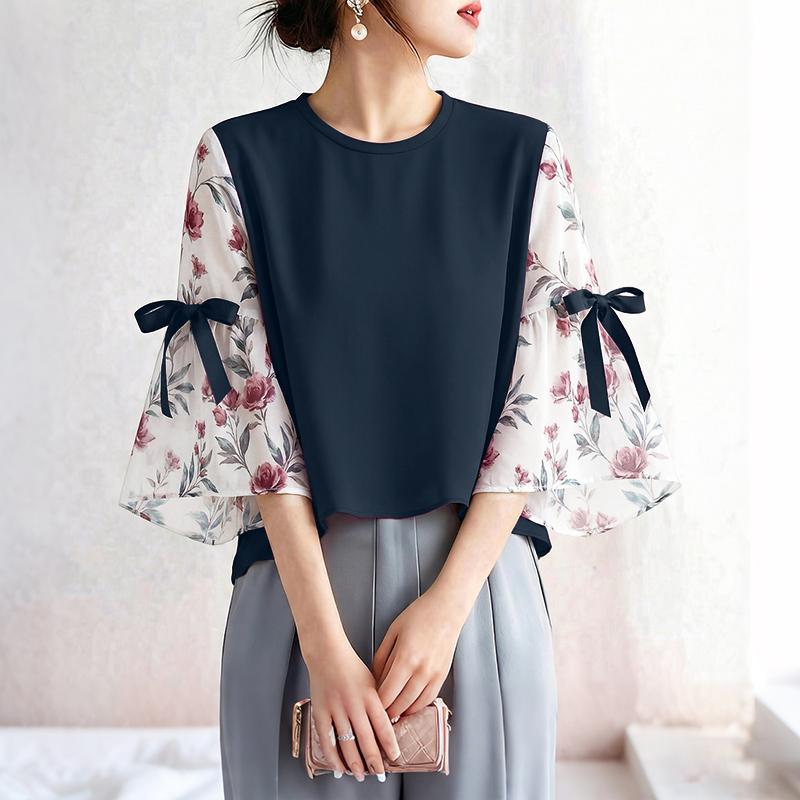 ZANZEA Damska casualowa luźna bluzka z okrągłym dekoltem, nadrukiem i wstawkami, rękaw 3/4