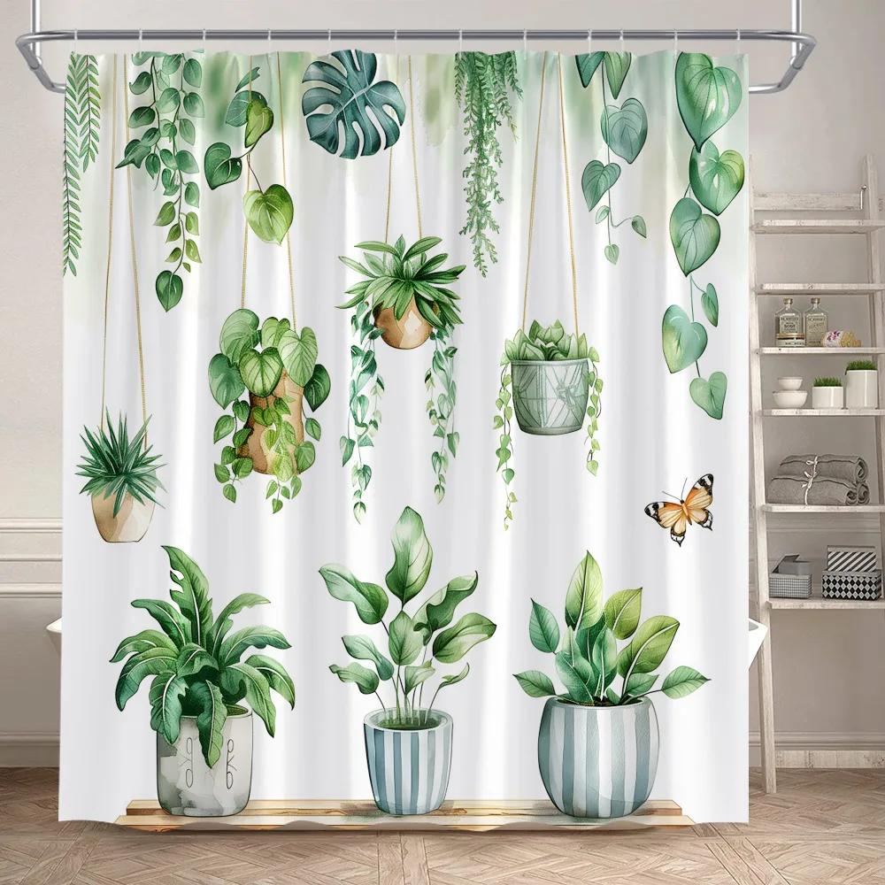 Green Plant Shower Curtains Watercolour Vine Leaves Butterfly Potted Plants Modern Polyester Fabric Home Bathroom Curtain Decor