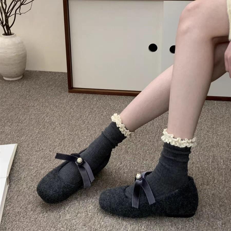 Gray single shoes femininity inner height increase small fragrance gentle pearl Mary Jane shoes bow retro