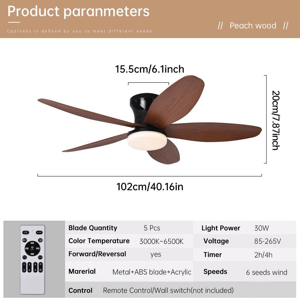 Ceiling Fan with Light 3 Colors, 6 Speeds, Timing, Ceiling Fan with Remote Control 5 Blades for Kitchen Bedroom Dining Room