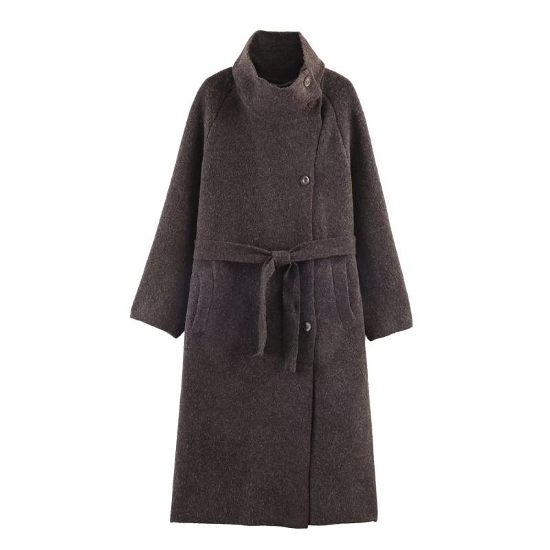 Womens Winter Long Wool-Blend Coat With Belt Stand Collar Oversized Fit Korean Casual Style