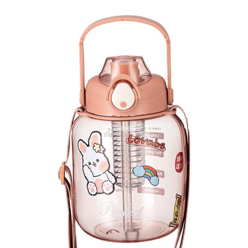 Water bottle portable strap plastic water cup high value cartoon large capacity big belly cup household portable straw cup