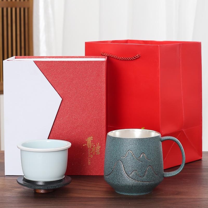 Handmade gilt silver creative ceramic mug gift box set 999Silver-plated office cup with lid, tea-water separation brewing cup
