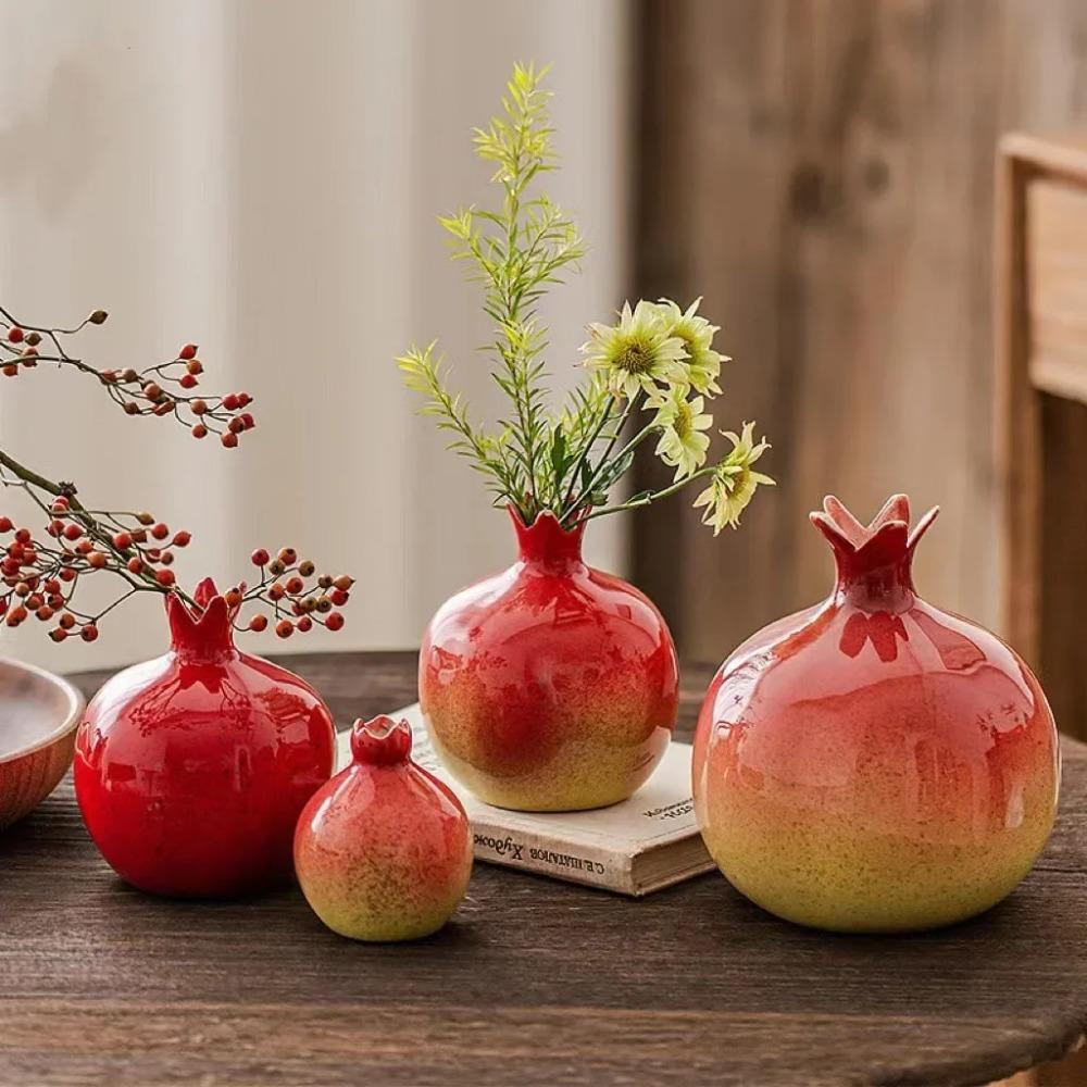 Handmade Ceramic Red Pomegranate Vase Flower Arranger Pomegranate Fruit Ornament Set Chinese Home Decor