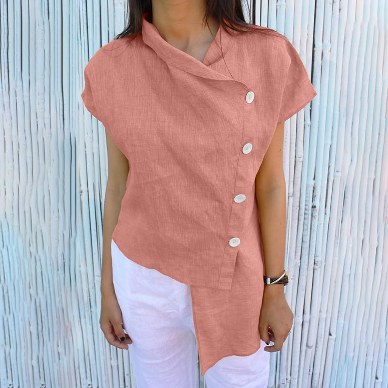 

ZANZEA Женская повседневная блузка с V-образным вырезом, летняя, с коротким рукавом, с неровным подолом 2XL розовый