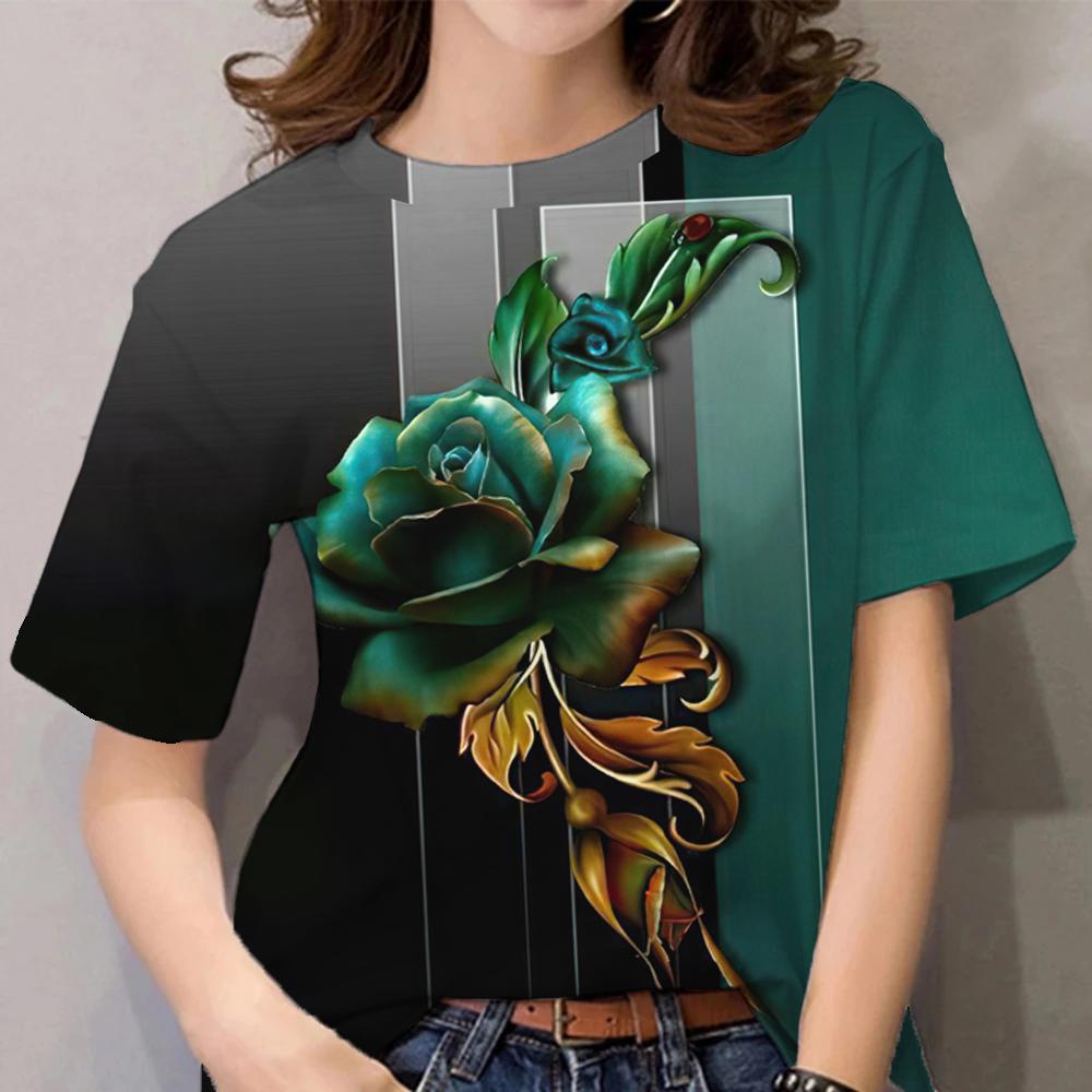 

Женская футболка с цветочным принтом, одежда в стиле Харадзюку, повседневные футболки с коротким рукавом и круглым вырезом, повседневные блузки Y2k, топы больших размеров M