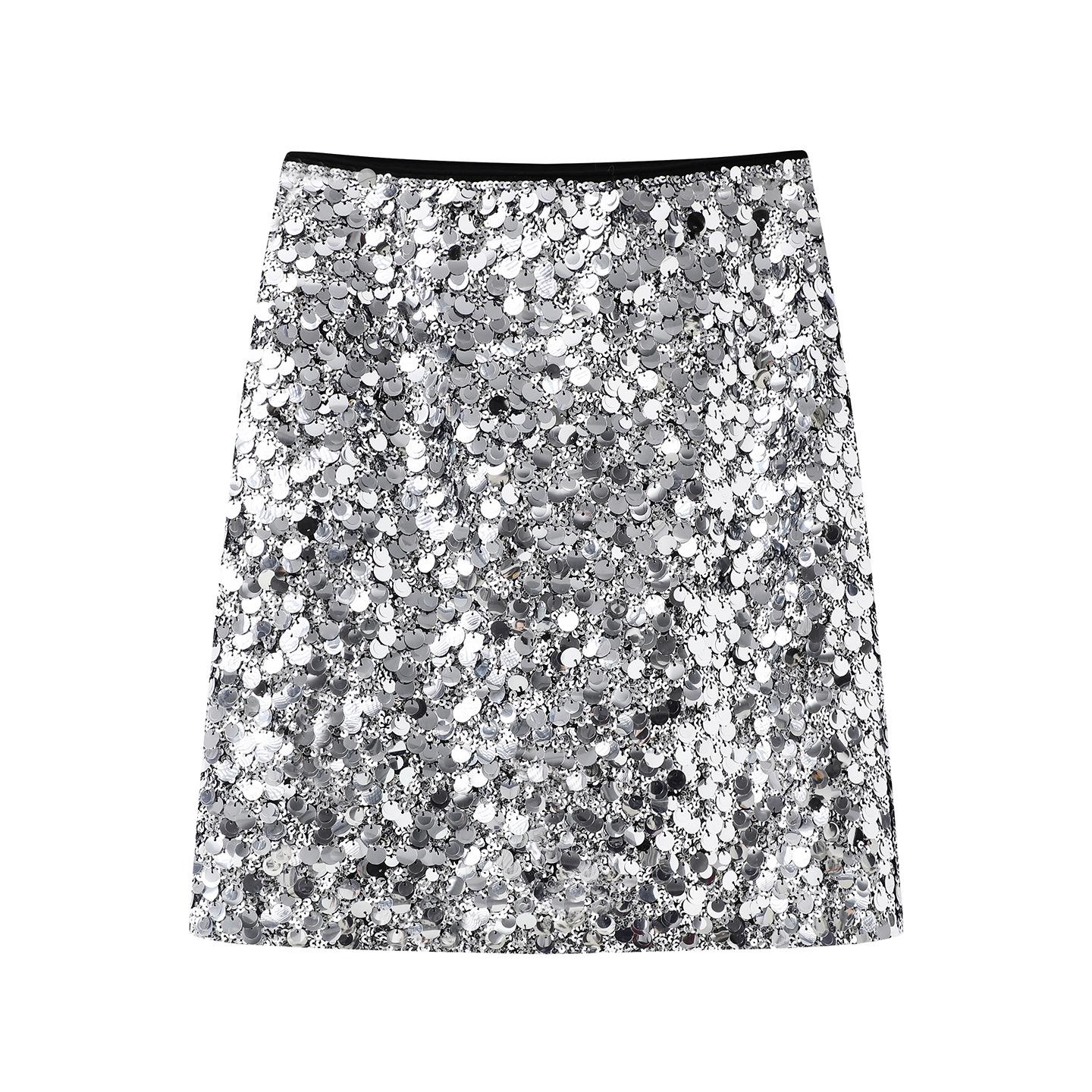 2025 Winter Women s Sequin Embroidered Mid-Waist Straight Short Skirt Medium серебряный