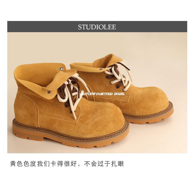 

Autumn and winter new height increase 4 fashionable large round head contrasting color double shoelaces short Martin boots women s autumn 40