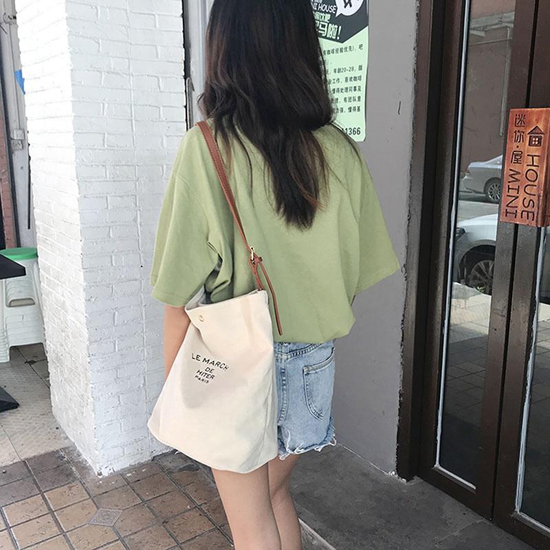 Korean Style Simple Canvas Bucket Bag Synthetic Leather Adjustable Straps Sling Bag For Women Simple Studen Christmas Gift