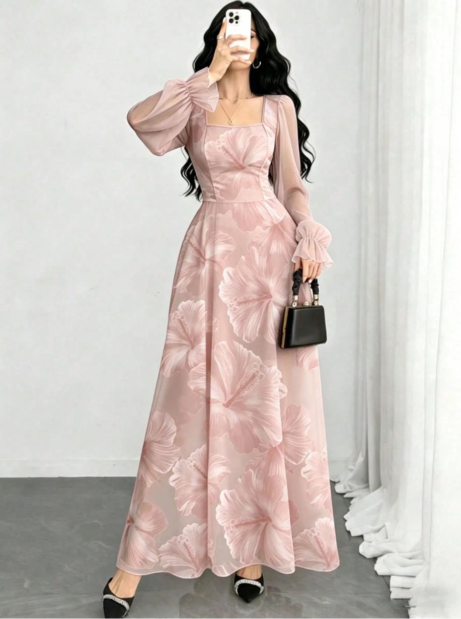 French temperament elegant new dress, chiffon floral long-sleeved square neck waist dress S розовый