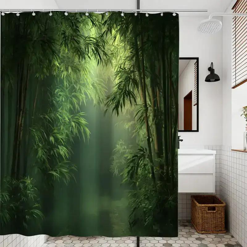 Bathroom Shower Curtain Bamboo Forest Print 3D Nature Scene With 12 Hooks Spa Wellness Decor Home Bathroom Accessory