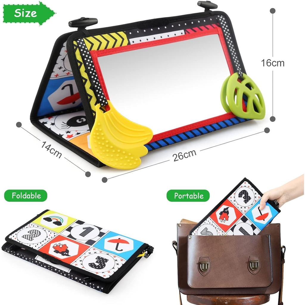 Babyspielzeug, Baby-Stoffbücher mit Spiegel, faltbarer Babyspiegel mit schwarz-weißem Kontrastmuster, Babybücher, Kinderwagenspielzeug von 0–12 Monaten, Geschenk für Jungen und Mädchen