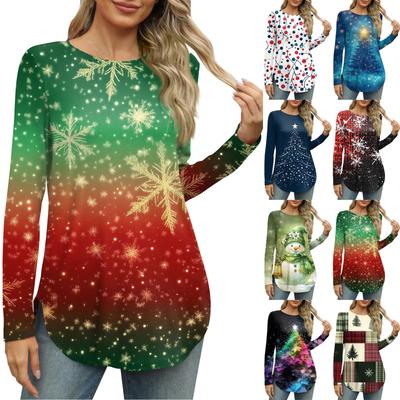 Womens Long Sleeve Round Neck Shirts Side Split Basic Loose Tunic Tops Christmas Print  Casual Shirts